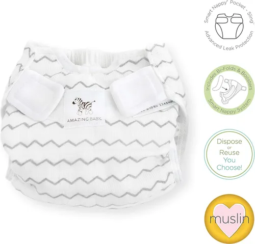 Vista 2 de SmartNappy - Muselina de algodón de Amazing Baby, funda híbrida para pañales de tela NextGen + 1 inserto reutilizable bi-fold + 1 refuerzo Mini