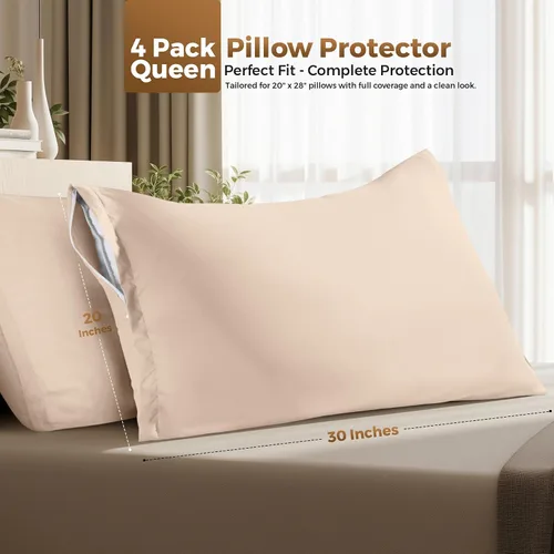 Vista 2 de Utopia Bedding Paquete de 4 protectores de almohada con cremallera tamaño Queen, fundas de almohada de tela de microfibra cepillada suave Beige