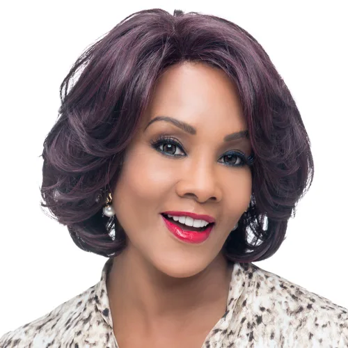 Vista 6 de Vivica A. Fox, Jardín, encaje frontal HD, pelo de bebé natural, estilo envolvente en capas con peluca barrida (2 marrón oscuro)