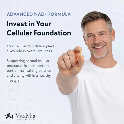 Vista 2 de VitaMia NAD+ Complex Booster, 30 cápsulas - Suplemento NAD con ribósido de nicotinamida, resveratrol y quercetina para energía celular