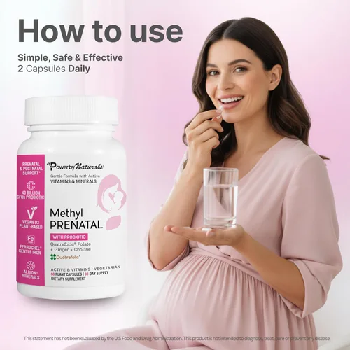 Vista 7 de Power By Naturals Metil prenatal con probióticos - Vitaminas prenatales para mujeres con hierro, folato de metilo, nutrientes B12 y 28 y botánicos
