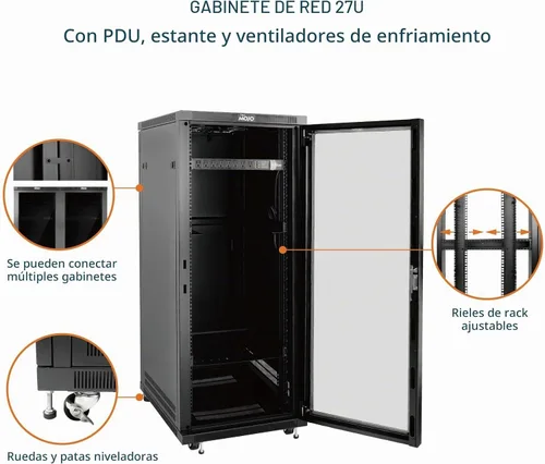 Vista 5 de Tecmojo Gabinete de rack de red, estante de servidor de 27U, profundidad de 23.6 pulgadas, soporta hasta 1800 libras, gabinete con cerradura