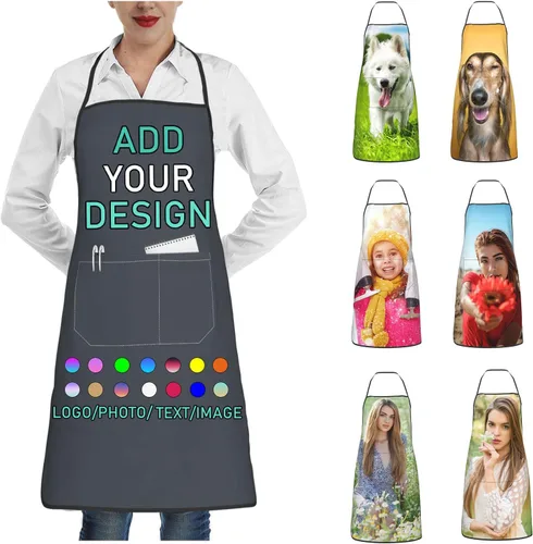 Vista 26 de Delantal personalizado con 2 bolsillos, personalizable con nombre, texto, logotipo, foto, cocina, horneado, delantal de cocina para mujeres y hombres