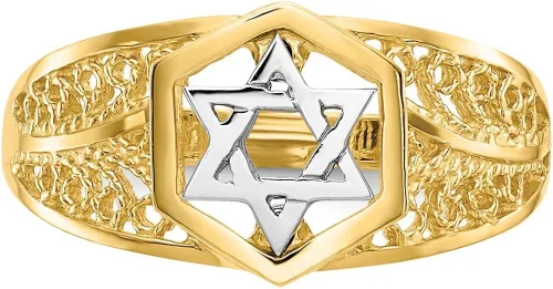 Vista 5 de Anillo de oro blanco y amarillo de 14 k sólido con dos tonos de estrella de David Lucky judío