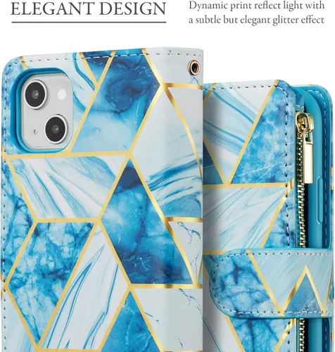 Vista 7 de UEEBAI Funda para iPhone 13 de 6.1 pulgadas, Cartera de piel sintética retro a prueba de golpes con función de soporte de ranuras para tarjetas Azul