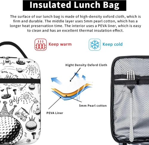 Vista 4 de Fiambrera de golf portátil aislada, bolsas de almuerzo multicolor de dibujos animados para mujeres, hombres, niños, niñas, escuela, trabajo