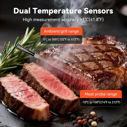 Vista 2 de TechRise Termómetro inalámbrico Bluetooth para carne con aplicación, termómetro digital inalámbrico para horno, ahumador, freidora de aire, cocina