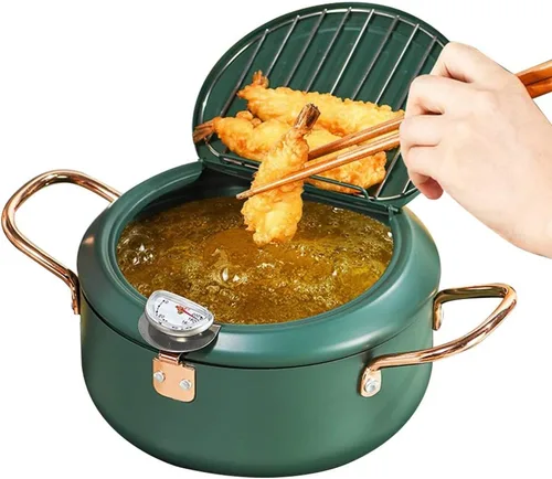 Vista 2 de Freidora de 9.4 in con tapa con bisagras, escurridor de aceite, control de temperatura ajustable, perfecta para cocinas de inducción, estufas