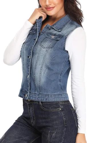 Vista 4 de MISS MOLY Chalecos de mezclilla rasgados para mujer, estilo clásico, sin mangas, con bolsillos con solapa