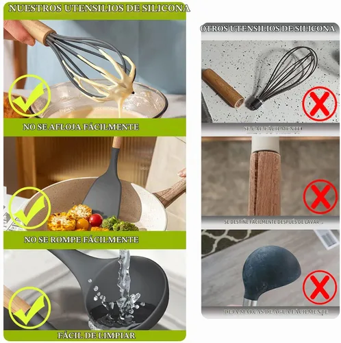 Vista 3 de Umite Chef 36 utensilios de cocina de silicona con soporte, juegos de utensilios de cocina resistentes al calor, mango de madera, utensilios de Gris