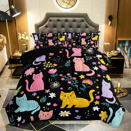 Vista 12 de QOOMO Edredón floral de gato tamaño Twin, juego de ropa de cama de gato rosa para niños, adolescentes y niñas, juego de ropa de cama de 3 piezas