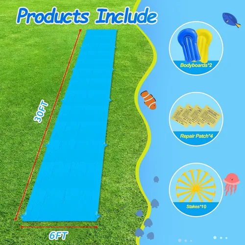 Vista 6 de Tobogán de agua antideslizante, tobogán de agua extra largo de 30 pies para niños y adultos con 2 bodyboards, toboganes de agua deslizantes