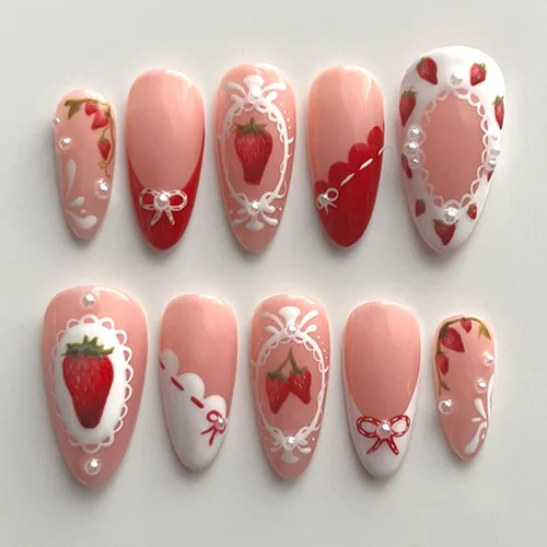 Vista 34 de 24 piezas de uñas postizas de punta francesa a presión, uñas postizas medianas en forma de almendra con diseño de ondas azul oscuro, uñas postizas