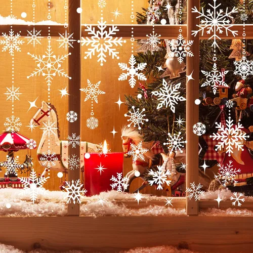 Vista 3 de AnyDesign Calcomanías de ventana de invierno con copos de nieve blancos, 215 unidades, calcomanías de ventana de doble cara para Navidad, invierno