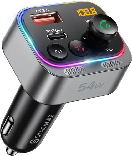 Vista 9 de Syncwire Bluetooth 5.4 Transmisor FM Adaptador de coche 54W (PD 36W y 18W) [Micrófonos duales más fuertes] [Interruptor de luz]