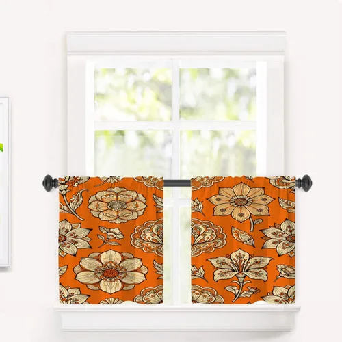 Vista 13 de Cortinas de cocina de hojas de arce otoñales para ventanas, hojas verdes y rojas sobre cenefas opacas negras, tratamientos de ventana de poliéster