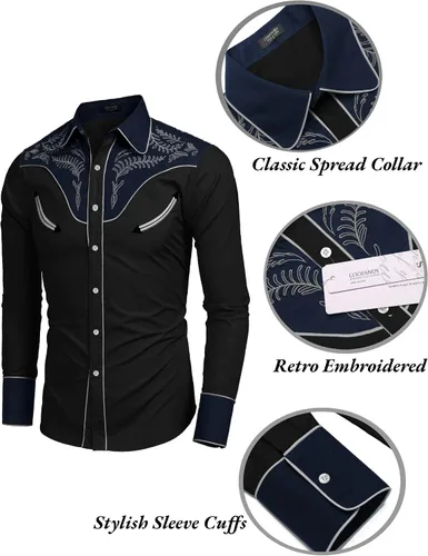 Vista 5 de COOFANDY Men's Western Embroidered Shirts Cowboy Casual Shirt Button Down Shirts
