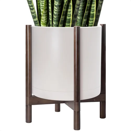 Vista 14 de Maceta de D'vine Dev con soporte - Maceta de flores de cilindro de plástico de 8.0 pulgadas con soporte de madera para interiores, maceta mate negra