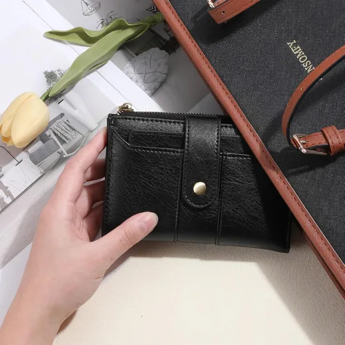 Vista 6 de SENDEFN Cartera pequeña de cuero para mujer, con bloqueo RFID, tarjetero con doble cremallera, monedero plegable