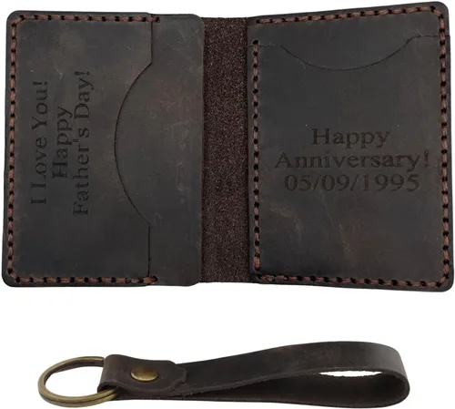 Vista 8 de Cartera minimalista de cuero genuino grabada personalizada para hombres y mujeres, carteras personalizadas con 4 ranuras para tarjetas con llavero