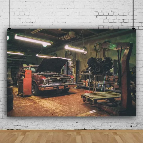 Vista 4 de Fondos de garaje antiguos para fotografía de 5 x 3 pies, fondos de reparación de automóviles temáticos para fiesta de fotos y accesorios de estudio
