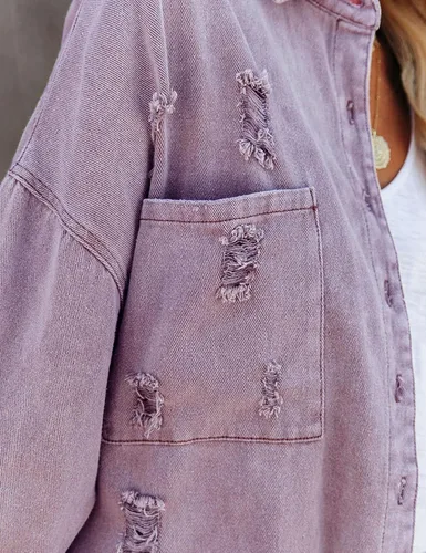 Vista 5 de Lumister Chaqueta de mezclilla de gran tamaño para mujer, suave, ligera, desgastada, con flecos rasgados, manga larga, chaqueta de mezclilla