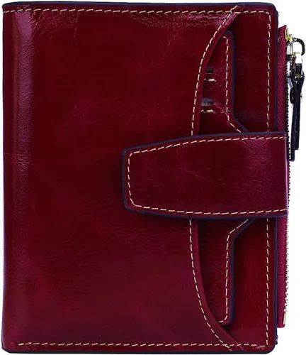 Vista 13 de Cartera de cuero con bloqueo RFID para mujer, pequeña, compacta, doble cremallera, con ventana para identificación