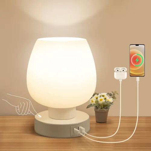 Vista 9 de Lámpara de Mesa de Noche Táctil - Lámpara Pequeña Rosa para Dormitorio con Puertos de Carga USB C+A, Regulable de 3 Niveles, Lámpara de Escritorio