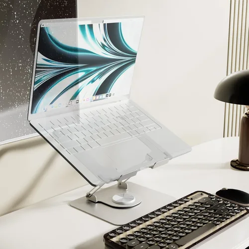 Vista 7 de Soporte ajustable para computadora de escritorio, soporte portátil para laptop con base giratoria de 360°, elevador ergonómico plegable para laptop