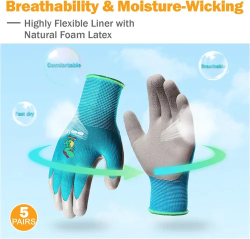 Vista 3 de KDK 5 pares de guantes de jardinería para niños, guantes de trabajo para el patio, guantes de trabajo para niños, guantes de seguridad suave