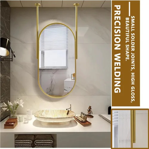 Vista 5 de Espejo de barra colgante de techo, espejos decorativos ovalados para pared, baño, tocador, maquillaje, espejo flotante con marco de metal dorado