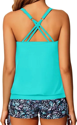 Vista 2 de Yonique Traje de baño tankini de dos piezas con tirantes delgados para mujer con pantalones cortos cruzados