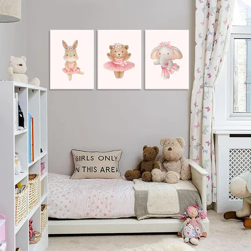 Vista 6 de 3 piezas de lienzo de animales de bailarina rosa, arte de pared, lindo elefante, conejo, oso, decoración de pared, imágenes de guardería, habitación
