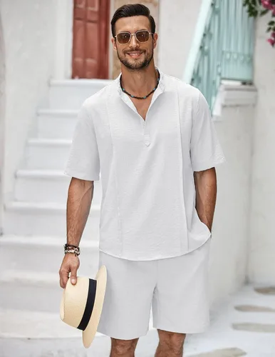 Vista 4 de COOFANDY Conjunto de lino de 2 piezas para hombre, camisa Henley, manga corta y pantalones cortos, trajes a juego para yoga y playa