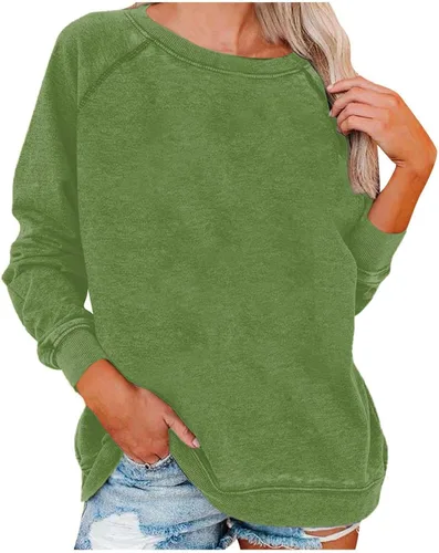 Vista 3 de Camisas para mujer, sudadera casual de manga larga raglán de color sólido para mujer, cuello redondo, sudadera básica