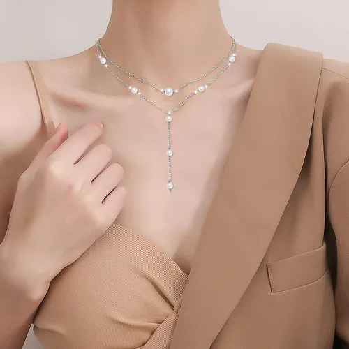 Vista 2 de DAOCHONG Collar con colgante de cadena larga triple multicapa de plata esterlina S925 para mujer