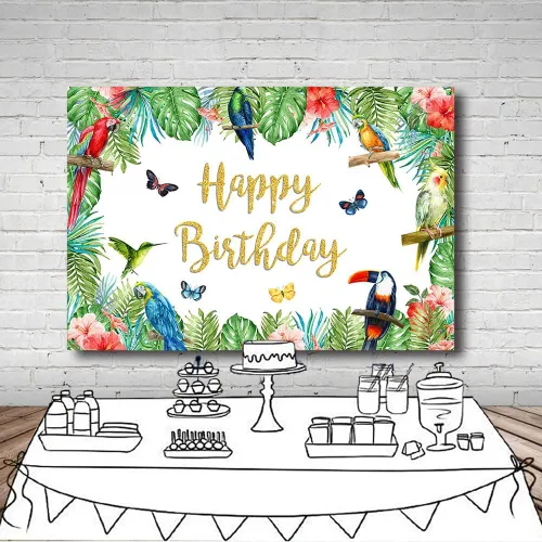 Vista 4 de MEHOFOND Telón de fondo de cumpleaños de pájaro tropical, tucán de verano, hojas de palma, purpurina dorada, pancarta de feliz cumpleaños, fondo