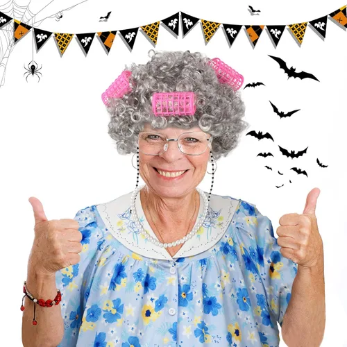 Vista 4 de Jiuguva 7 piezas de disfraz de anciana para mujeres y niños, túnica de manga corta para abuelita, peluca de anciana, peluca plegable con muleta