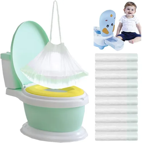 Vista 7 de Paquete de 200 forros portátiles para silla de orinal con cordón, bolsas desechables de asiento de inodoro de entrenamiento para niños, niños 200