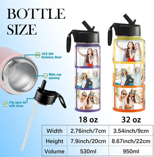 Vista 6 de Botella de agua personalizada con foto y pajita, 18 oz/32 oz, botella de agua deportiva de acero inoxidable personalizada con 1-9 imágenes, nombre