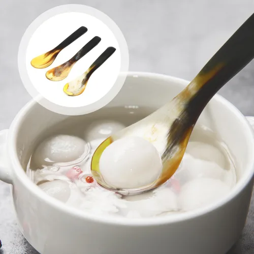 Vista 3 de Hemoton Juego de 3 cucharas de cuerno de buey de 5.70 pulgadas para postre de cuerno natural para café, té, helado, pastel y utensilios para servir