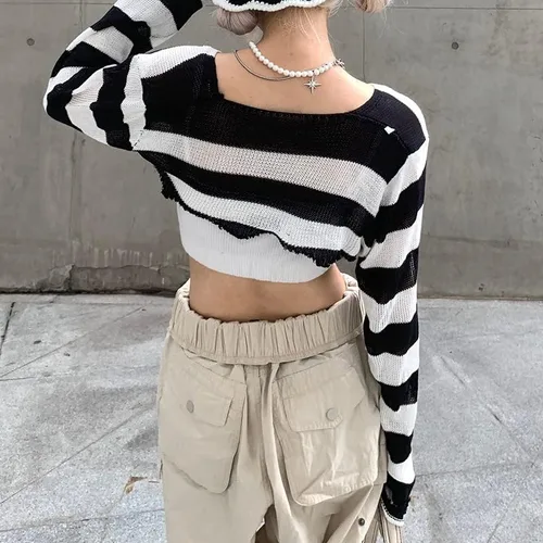 Vista 5 de Top corto de punto de ganchillo para mujer, estilo grunge, con cuello redondo, informal, recortado