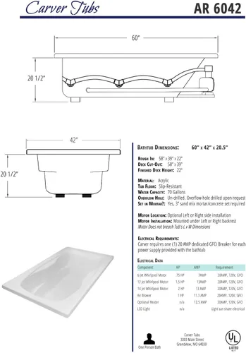 Vista 7 de Carver Tubs - AR6042 - Bañera moderna de hidromasaje de agua de fibra de vidrio acrílica, con 12 chorros - Bañera rectangular de acrílico blanco