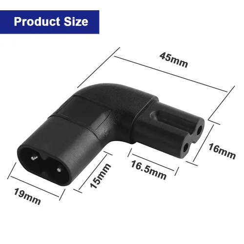 Vista 3 de Adaptador de CA de ángulo recto IEC320 C7 a C8, 90 grados C7 hembra a C8 macho 2 pines figura 8 convertidor de enchufe de alimentación de CA, negro