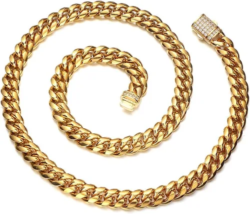 Vista 2 de Collar de cadena de eslabones cubanos de Miami para hombre, de acero inoxidable, chapado en oro de 18 quilates, joyería de hip hop para hombres