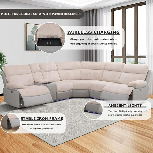 Vista 3 de Sofá seccional reclinable eléctrico, sofá de felpa beige y gris, sofá seccional con consola de almacenamiento, sofá reclinable para sala de estar