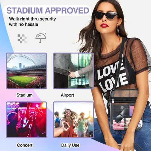 Vista 6 de Bolsa transparente aprobada para estadios, bolsa cruzada transparente, con correa de hombro ajustable para mujer, con bolsillo frontal