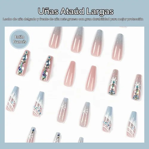 Vista 2 de 24 piezas de uñas postizas acrílicas de punta francesa, uñas de cobertura completa para mujeres, arte de salón en casa