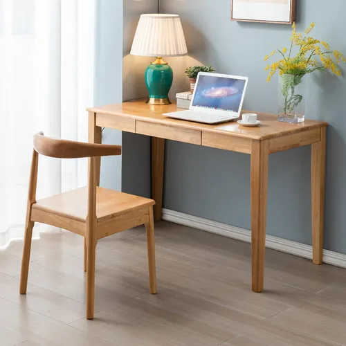 Vista 2 de Escritorio de madera maciza con cajón, escritorio de madera para oficina en casa para el trabajo, escritorio de computadora para estudiantes