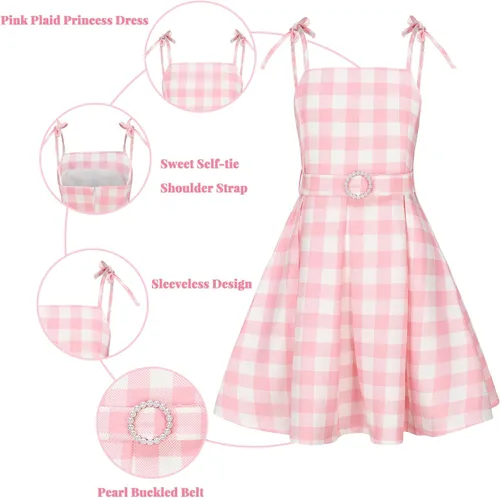 Vista 3 de HN007XL - Disfraz de princesa rosa para niñas, con cinturón de perlas y accesorios de margaritas, fiesta de cumpleaños HN007XL